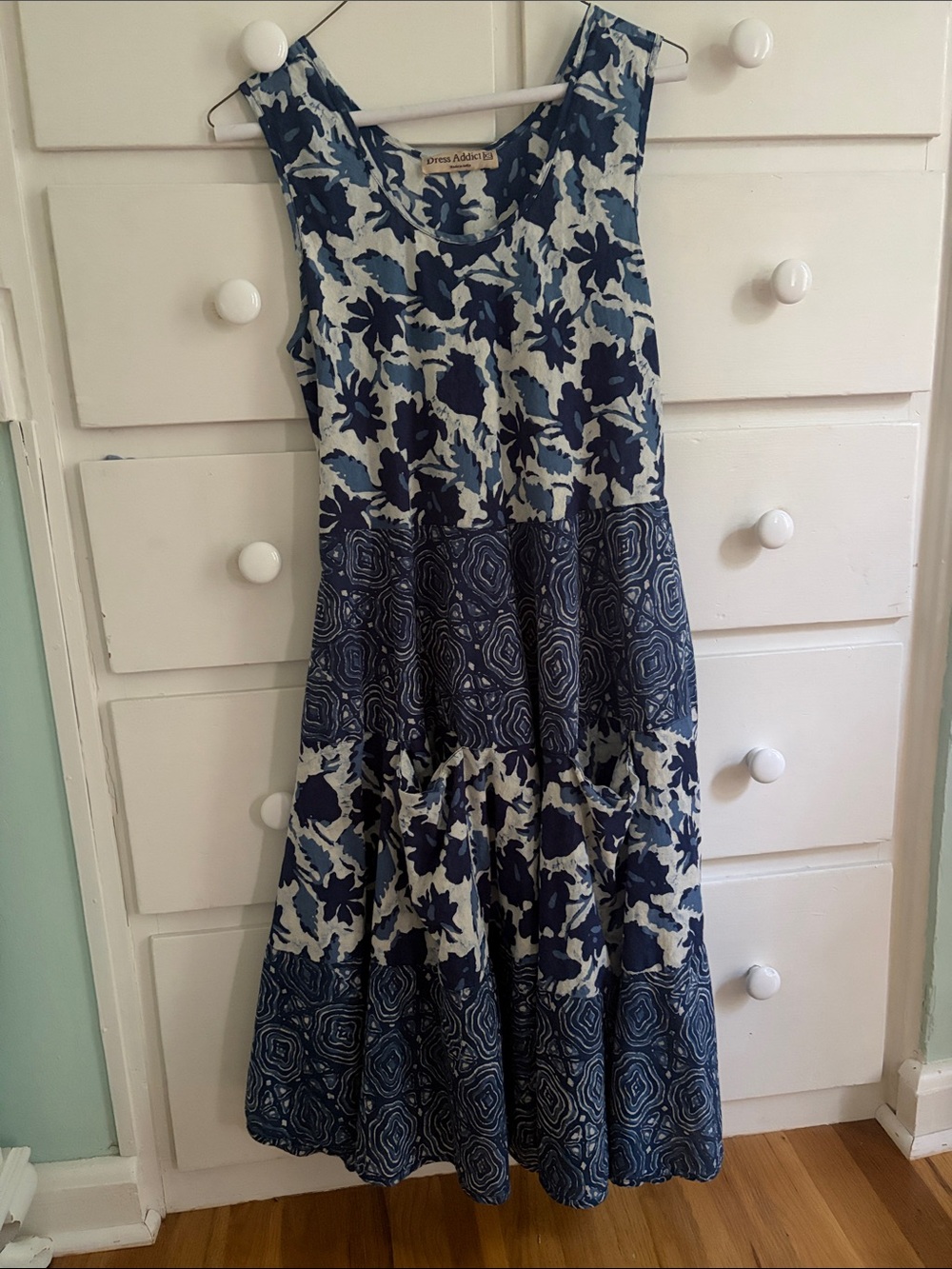 Sleeveless Blue Floral Tiered Cotton Dress